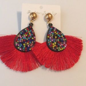 Red Fringe earrings with Multi color Stones